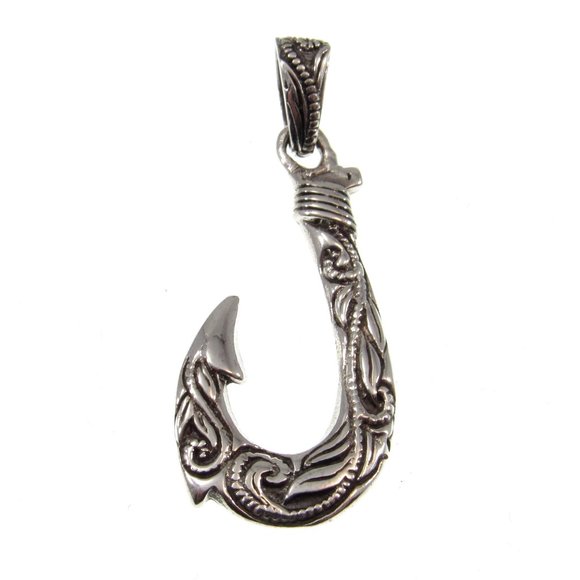 Solid 925 Sterling Silver Ornate Hawaiian Fish Hook Pendant - Fisherman Gift - Picture 5 of 9